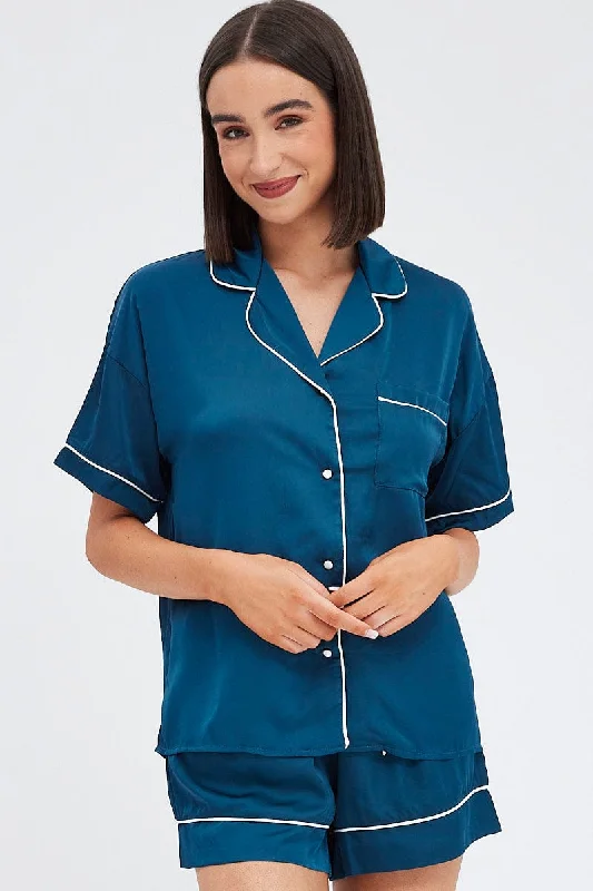 Blue Satin Pj Piping Button Through Pyjama Set