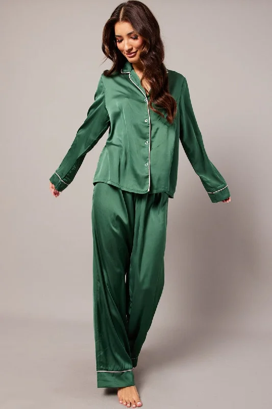 Green Satin Pyjama Contrast Piping Long Leg Pj Set