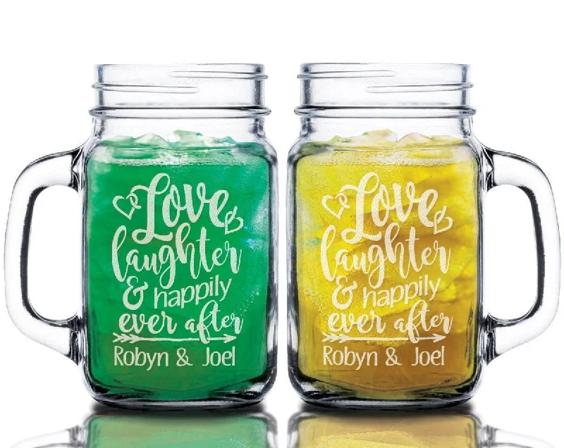 Love Laughter & Happily Ever After Set of 2 Custom Mason Jar Wedding Gift for Bride Groom Engaged Anniversary Gift Idea for Couples Man Wife