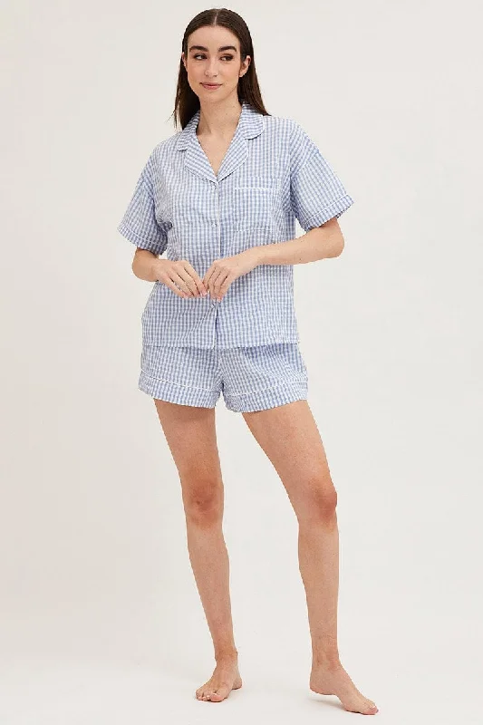 Check Contrast Piping Pajamas Set Short Sleeve