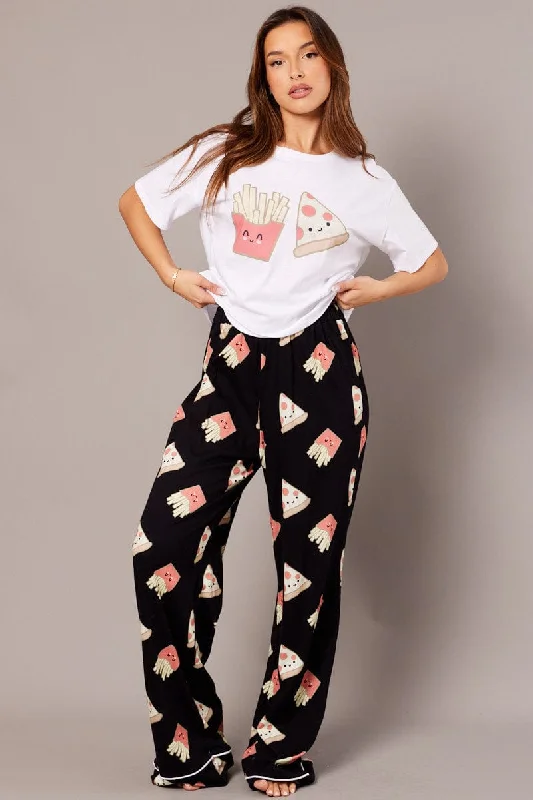 Black Print Graphic Pj Set Pizza Fries Novelty Pyjama