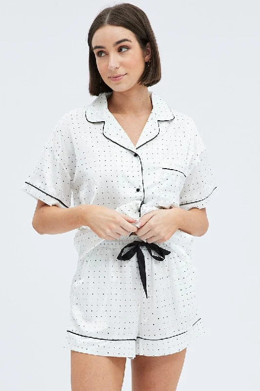 White Polka Dot Polka Pj Contrast Piping Satin Pyjama Set