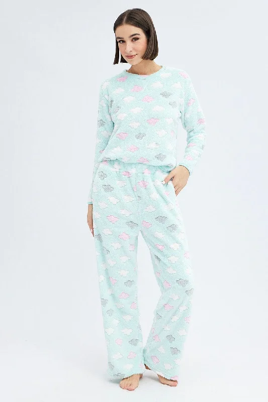 Green Print Fluffy Pj Mint Cloud Print Cosy Pyjama Set