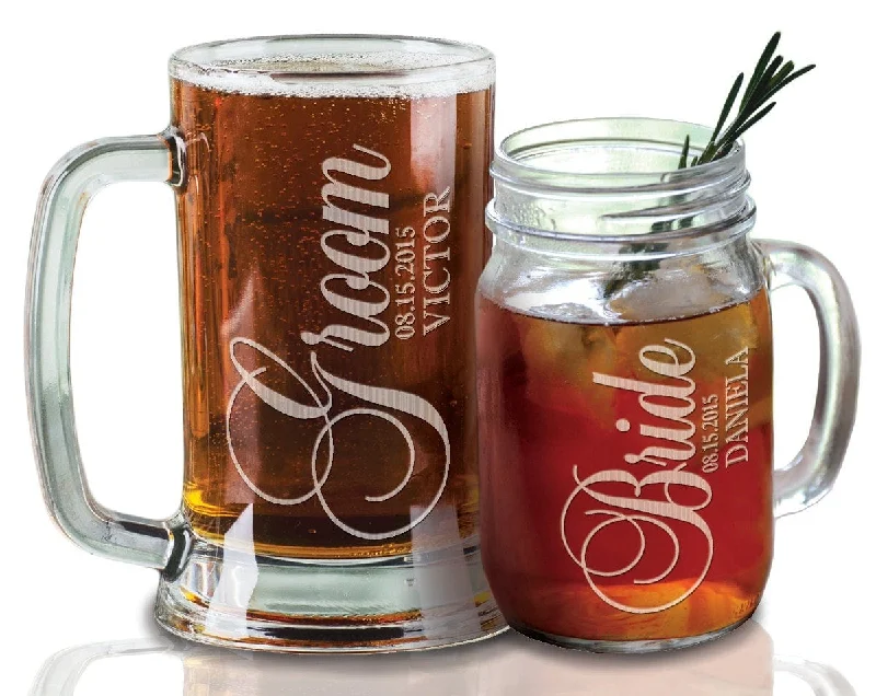 Set of 2 Groom Bride Personalized Wedding Couples Gift for Him Her Combo Mason Beer Womens Mens Anniversary 30th 40th 50th Glass Mugs Gift