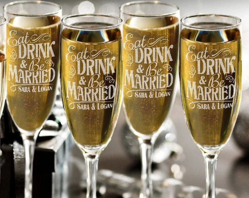 ONE Eat Drink and Be Married Champagne Glass Flutes Wedding Party Gift Newly Married Wedding Shower Present Idea Custom Gift for Bride Groom