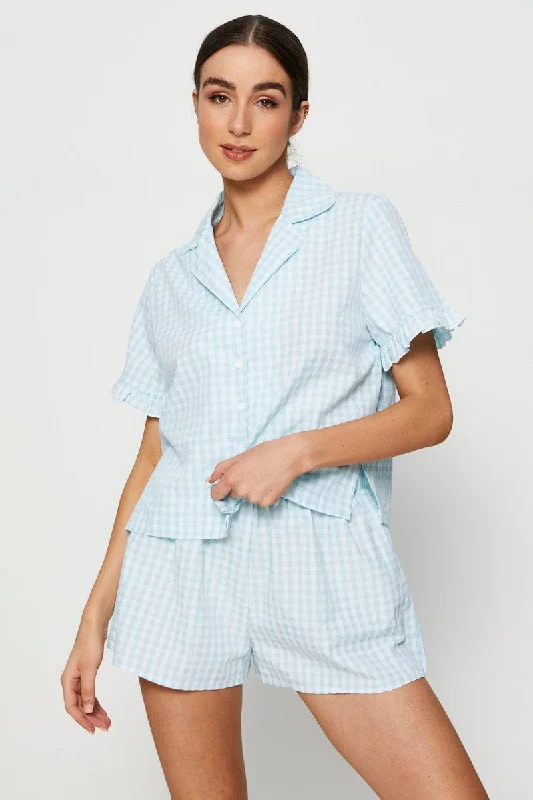 Check Rufflle Sleeve Pajamas Set Short Sleeve