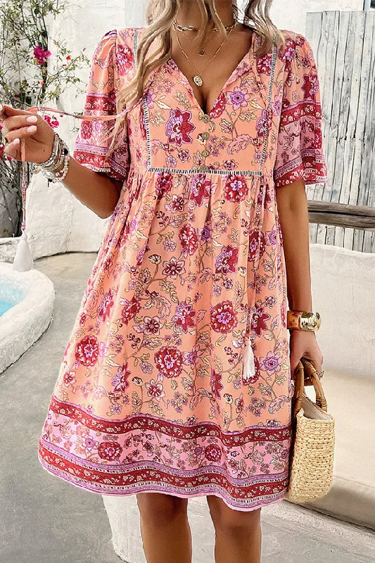 V Neck Floral Print Short Sleeve Mini Dress