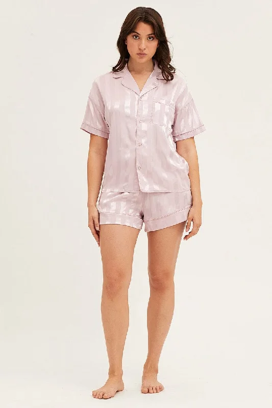 Stripe Satin Pajamas Set Short Sleeve