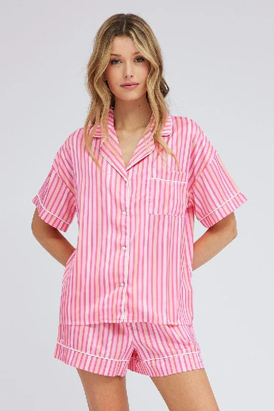 Pink Stripe Stripe PJ Satin Contrast Piping Pyjama Set