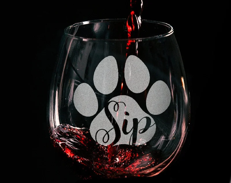 Sip Engraved Stemless Wine Glass Dog Cat Paw Print Pet Owner Cute Cup First Puppy Rescue Cat Lady Animal Lovers Birthday Present Dog Mama