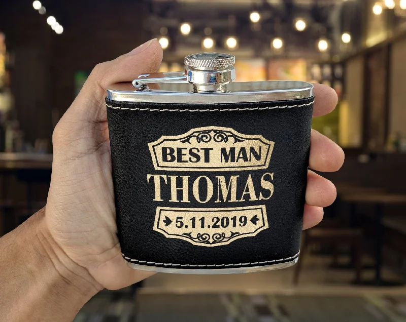 Retro Classy Customize Black Leather Flask with Gold Engraving for Wedding Birthday Gift for Dad Husbands Present Unique Wife Gifts Best Man