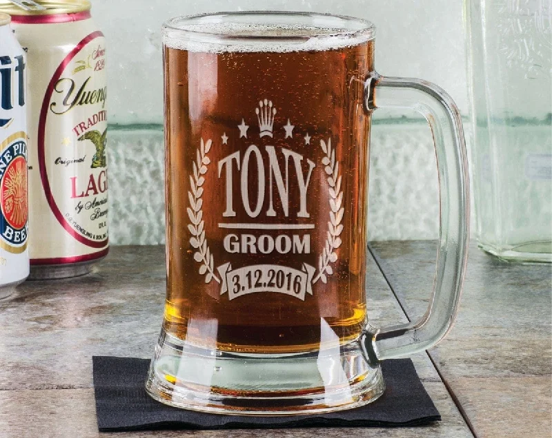 Classy Personalized Wrethe 16 Oz Beer Stein Engraved Wedding Ceremony Party Groomsman Groom Best Man Father of the Bride Favor Gift Idea