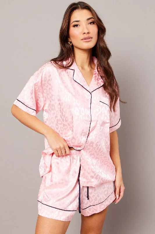 Pink Pyjama Set Leopard Jacquard Piping Satin PJ