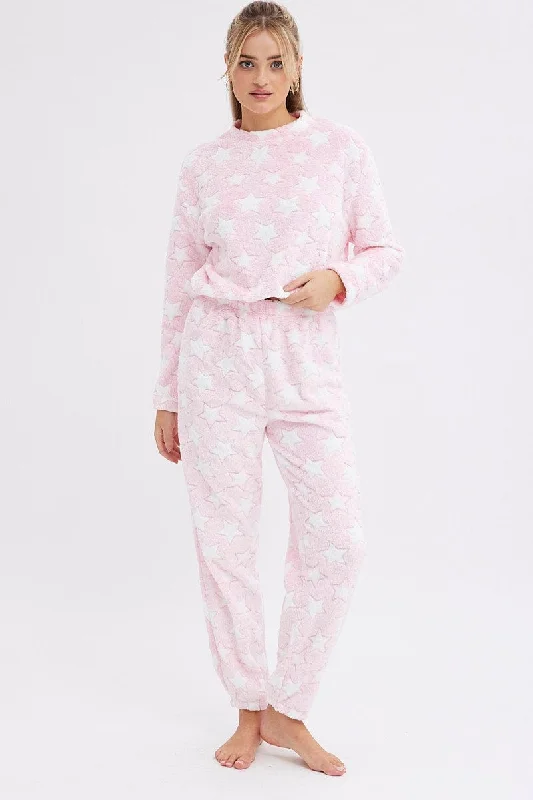 Pink Print Fluffy Pj Star Print Cosy Pyjama Set