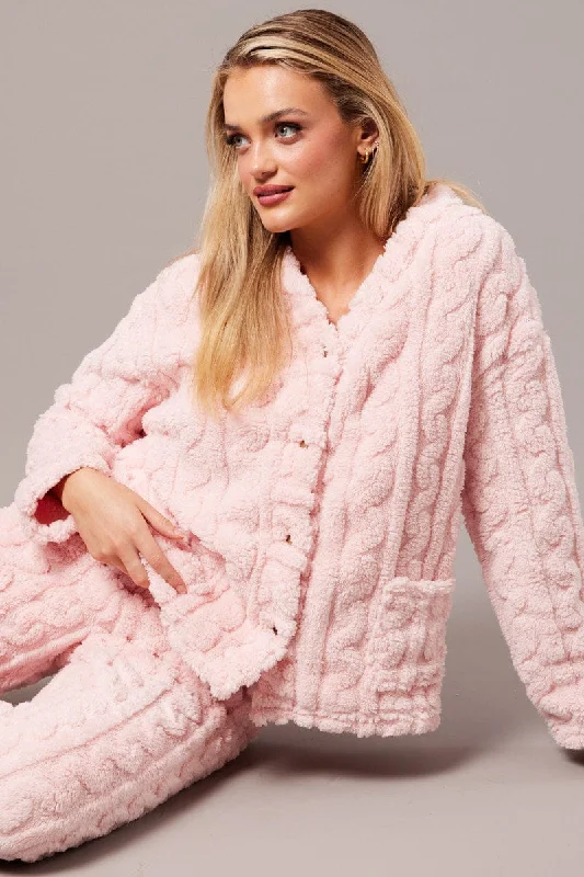 Pink Fluffy PJ Set Cable Fleece Pyjamas