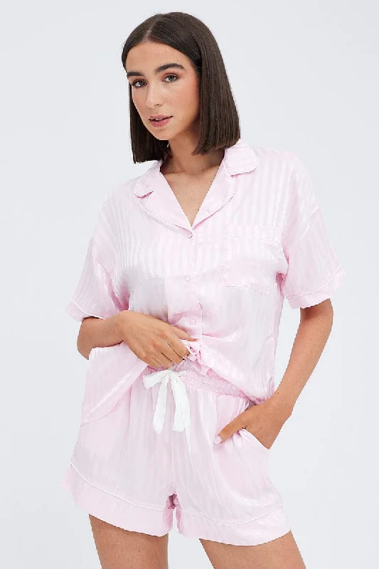 Pink Stripe Satin Stripe Pj Piping Button Through Pyjama Set