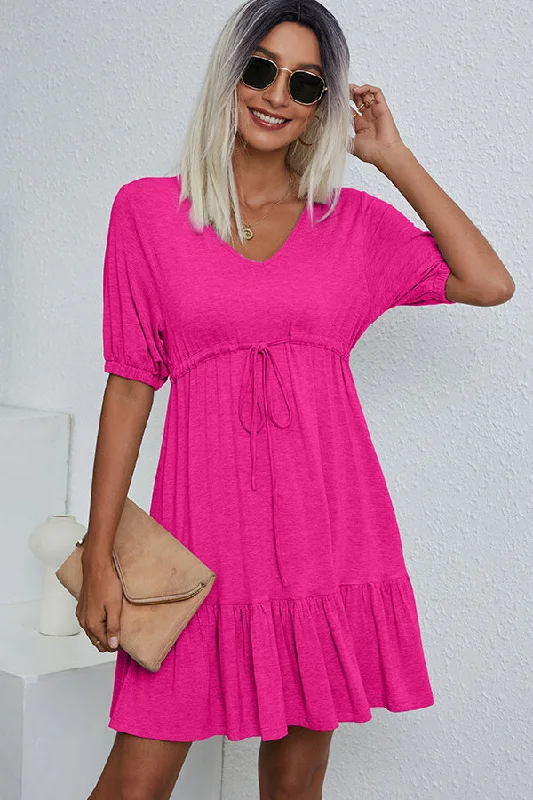 V Neck Drawstring Waist Casual Mini Dress