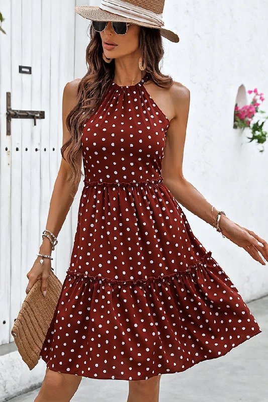 Dots Print Halter Neck Casual Mini Dress