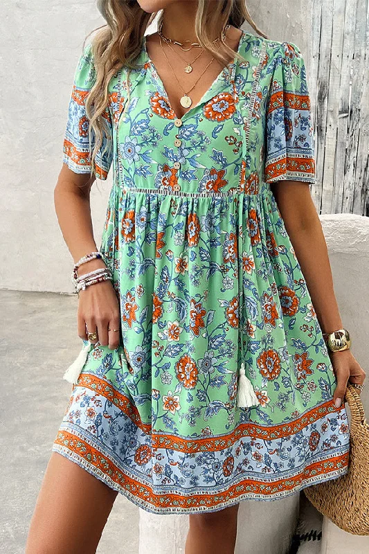 Floral Print V Neck Short Sleeve Mini Dress