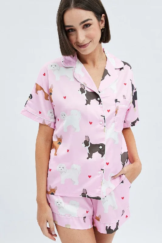 Pink Print Mixed Dogs Pj Satin Piping Detail Pyjama Set