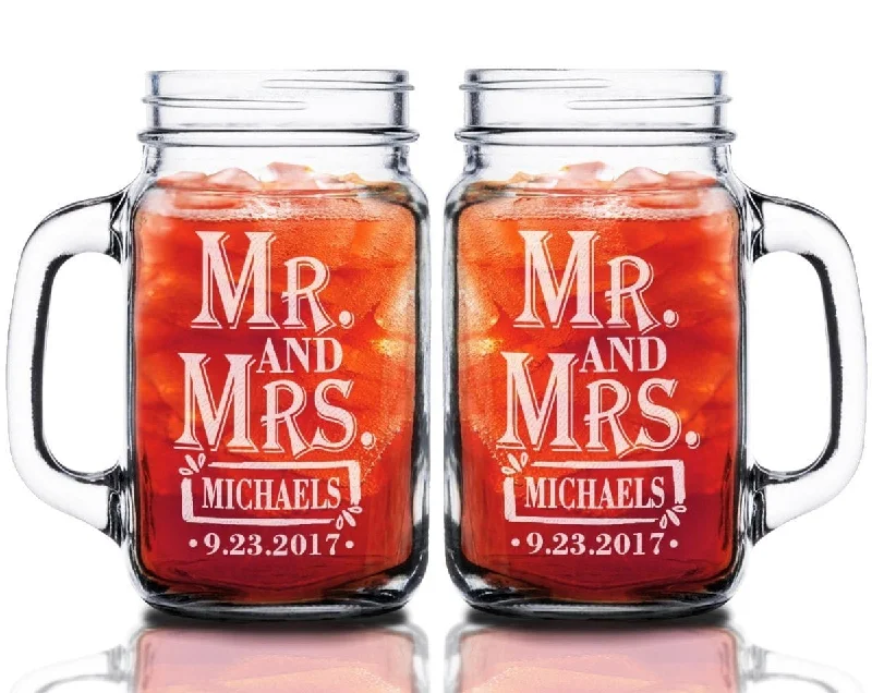 Retro Mr Mrs Laser Engraved Personalized 16oz Set of 2 Mugs for Newlyweds Celebration Toasting Glasses for Bride Groom Future Mr. Mrs. Gift