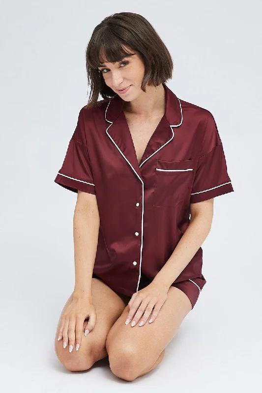 Brown Satin Pj Piping Button Through Pyjama Set