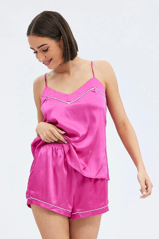 Pink Cami PJ Contrast Piping Satin Pyjama Set