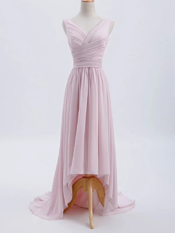 V-neck Hi-low Chiffon Bridesmaid Dresses, Long Bridesmaid Dresses, Cheap Bridesmaid Dresses