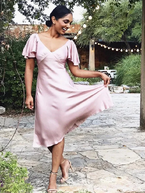 V-neck Elastic Satin Short Bridesmaid Dresses, Short Sleeves Bridesmaid Dresses, Popular Bridesmaid Dresses