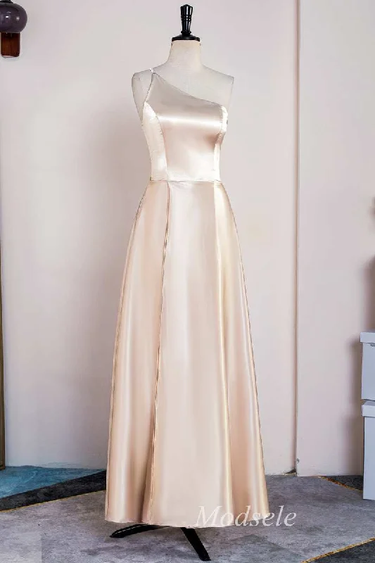 A-Line Champagne One-Shoulder A-Line Long Dress