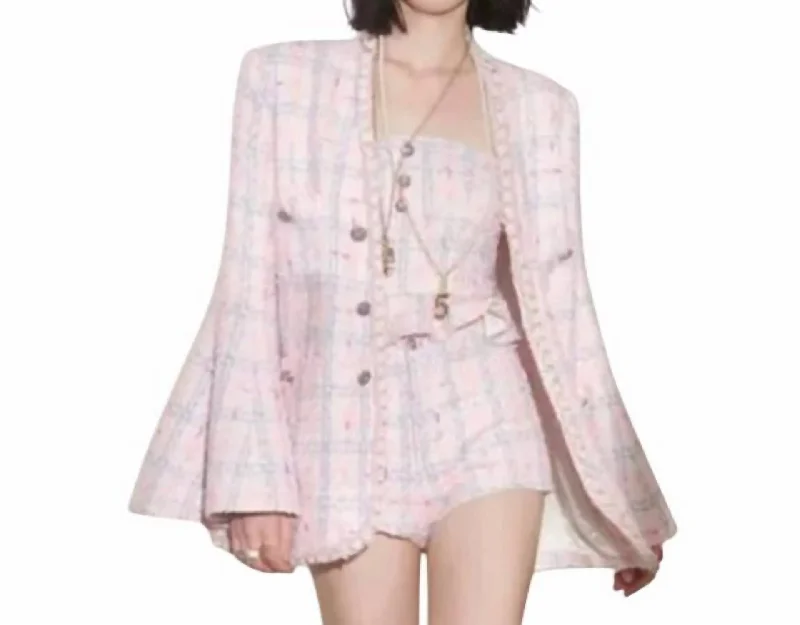 Bell Sleeve Blazer & Short 2 Piece Set In Pink/tweed