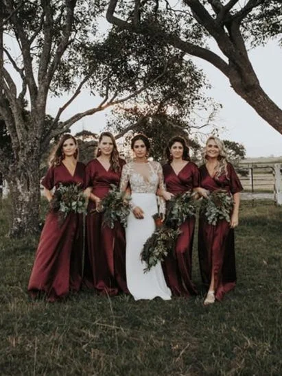 V-neck Boho Half Sleeves Burgundy Elastic Satin Bridesmaid Dresses, Long Bridesmaid Dresses