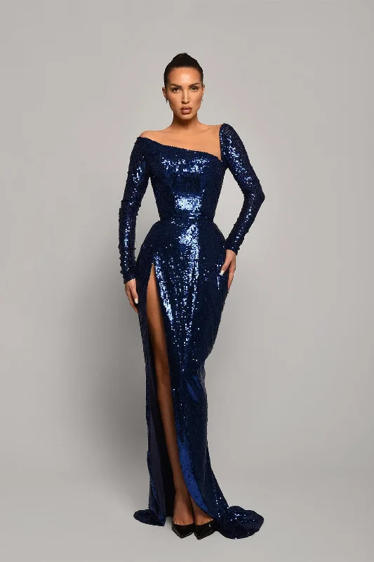 Long Sleeves Sequin Fitted Long Prom Dresses, High Slit Prom Dresses, Wedding Guest Dresses, Long Bridesmaid Dresses