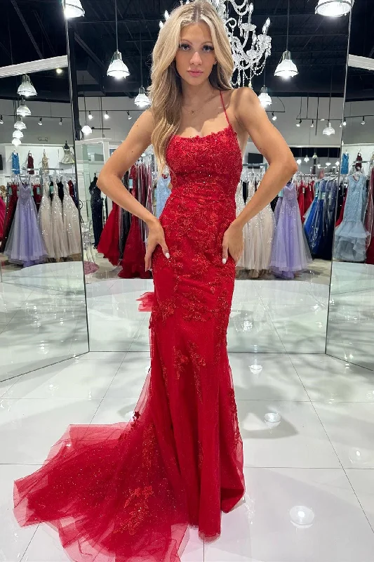 Red Tulle Appliques Scoop Neck Lace-Up Mermaid Long Dress