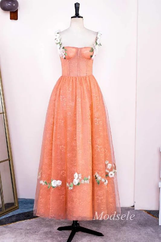 Orange Lace 3D Floral Lace Corset A-Line Long Prom Dress