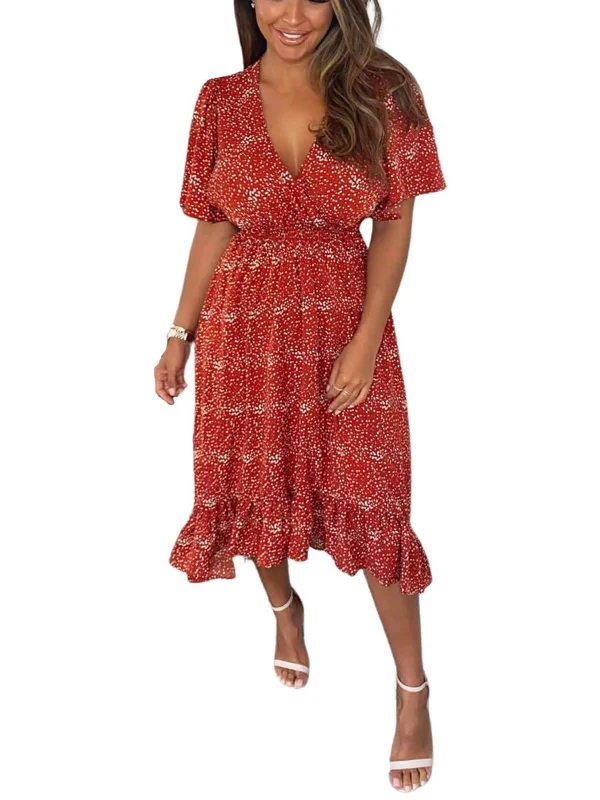 Womens Dot Print Asymmetric Midi Dress