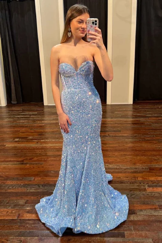 Periwinkle Iridescent Sequin Sweetheart Mermaid Long Prom Dress