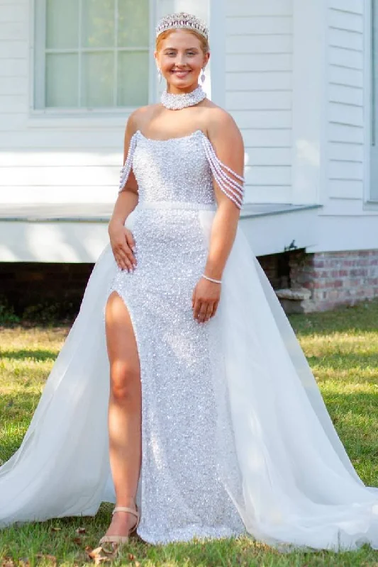 Princess Strapless Scoop Beaded Long Prom Dress with Slit