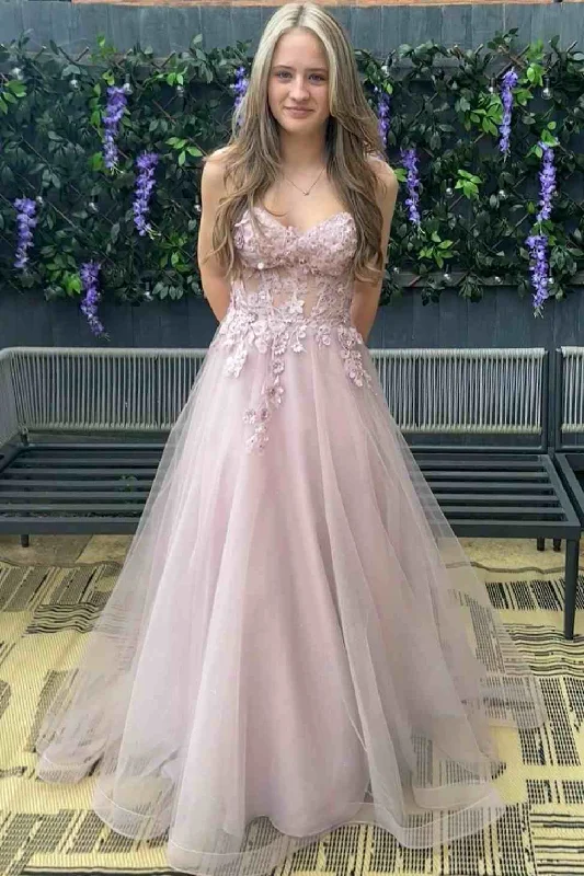 A-Line Strapless V-Neck 3D Floral Sleeveless Tulle Pink Long Prom Dress