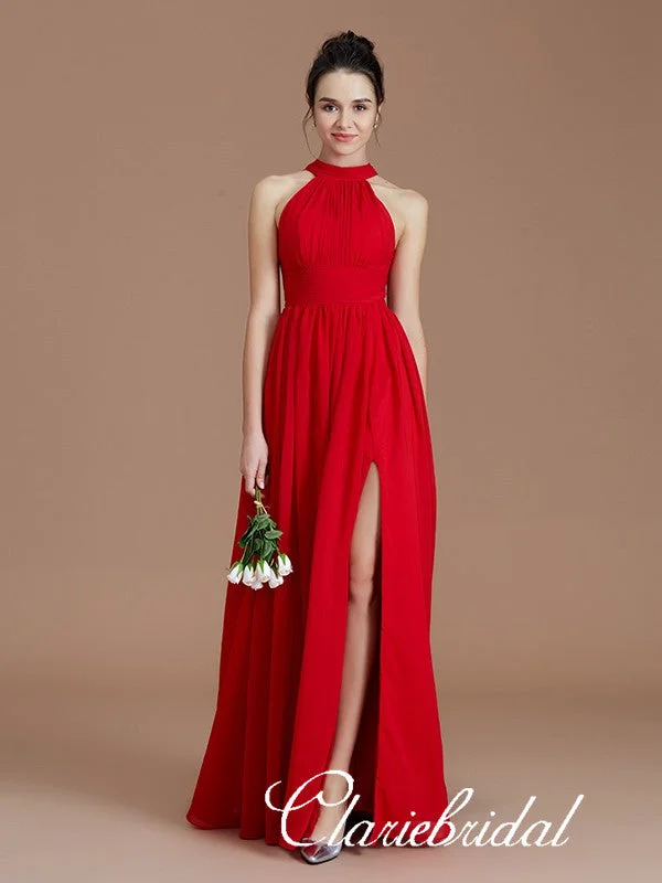 Lovely A-line Red Chiffon Side Slit Long Bridesmaid Dresses