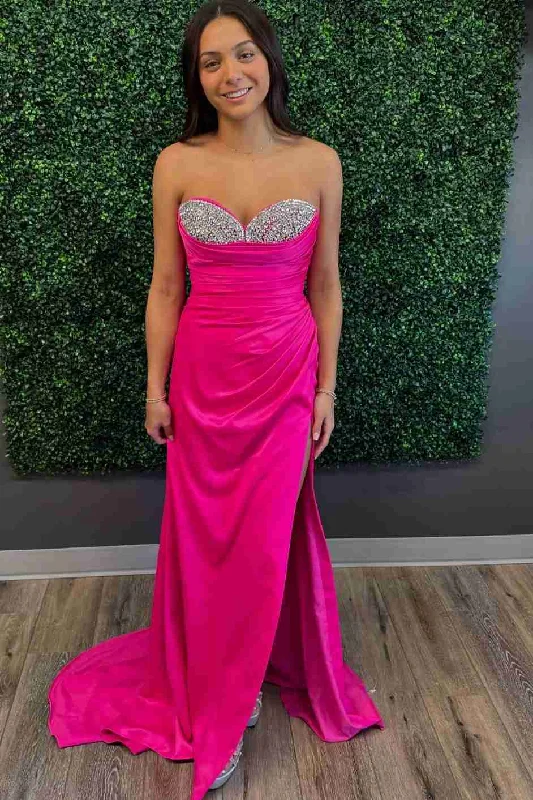 Hot Pink Strapless Beads V-Neck Pleated Long Prom Dress with Slit