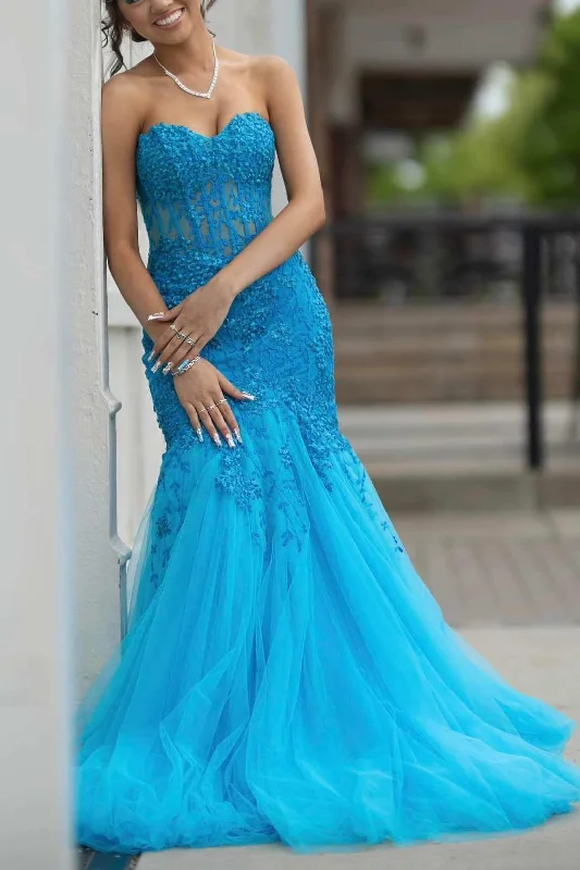 Strapless Sweetheart Appliques Mermaid Tulle Long Prom Dress