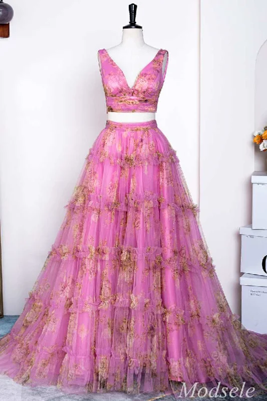 Two-Piece Fuchsia Print V-Neck Ruffle Long Prom Dress