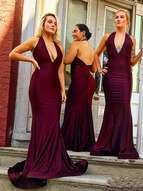 Deep V-neck Long Mermaid Elastic Satin Bridesmaid Dresses, Halter Long Bridesmaid Dresses