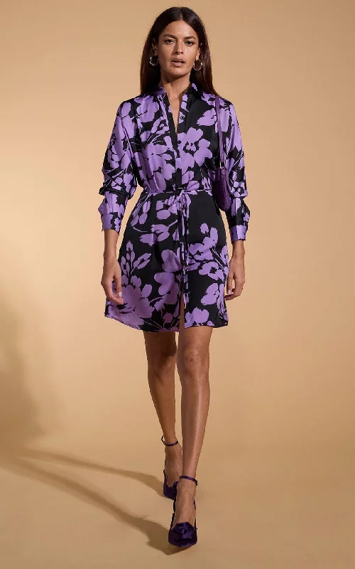 Melody Mini Shirt Dress in Lilac on Black Floral