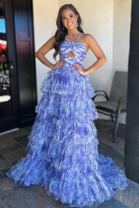 Blue Print Halter Keyhole Ruffle Tiered Long Prom Dress