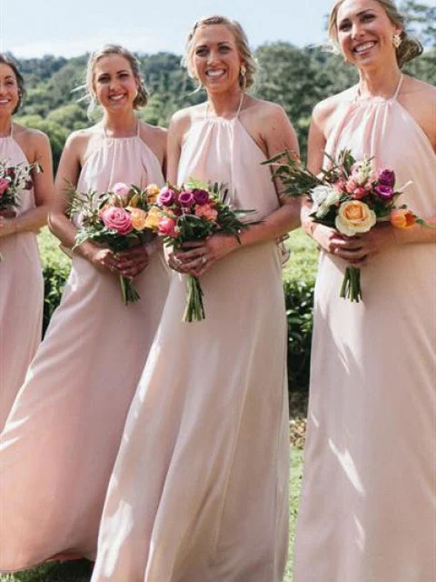 Halter Blush Pink Chiffon Bridesmaid Dresses, Simple Popular Bridesmaid Dresses