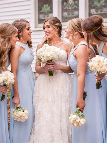 Light Blue Long Chiffon Bridesmaid Dresses, A-line Bridesmaid Dresses, Popular Bridesmaid Dresses