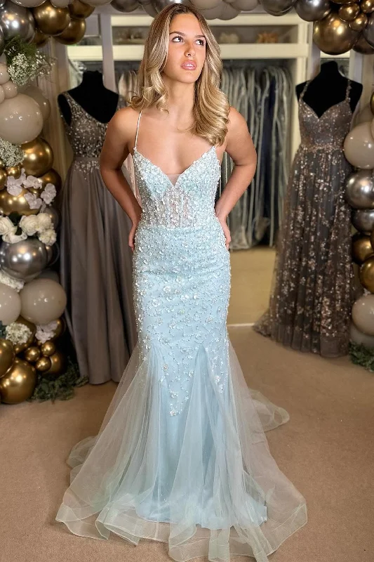 Light Blue Floral Appliques V-Neck Lace-Up Long Gown