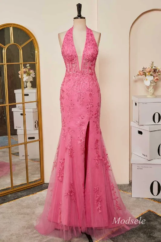 Hot Pink Appliques Halter Mermaid Long Prom Dress with Slit